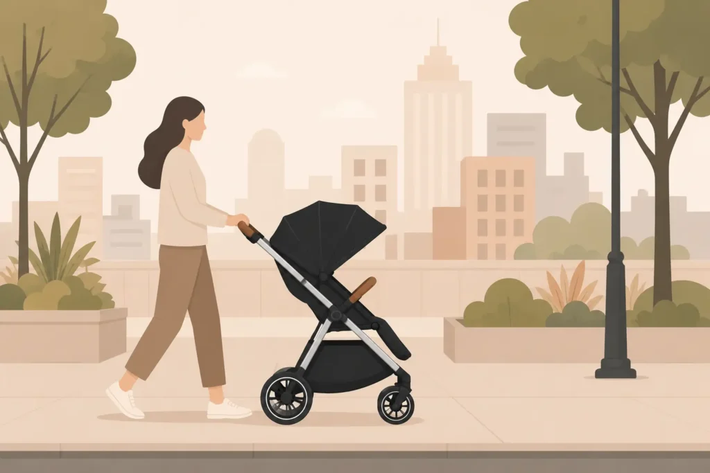 "Illustration of a parent pushing a compact travel stroller through a city street, representing ideal use case"