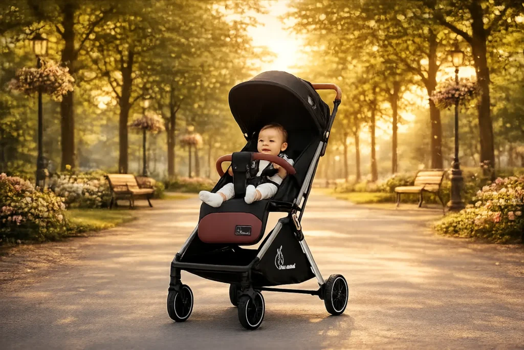 "Illustration of the R for Rabbit Street Smart Auto Fold baby stroller, black with tan handle accents, for stroller review blog"