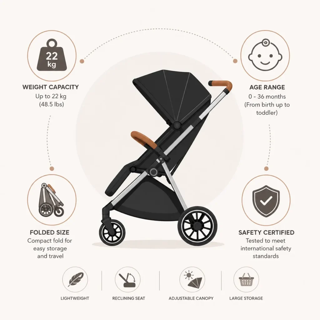"Infographic-style illustration showing R for Rabbit stroller dimensions, weight capacity, and age range specs"