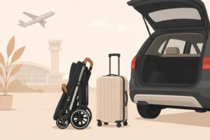 "Illustration of a compact folded stroller being placed into a car trunk, demonstrating travel-friendly design" AI Prompt: "Flat vector illustration, 1200x800px, 3:2 landscape aspect ratio, of a compact folded black stroller with tan accents standing upright next to a suitcase and an open car trunk, airport/travel theme, minimalist parenting blog illustration style, soft warm background tones, no photorealism, no text." 4. Safety Features Image (Harness, Brakes, Wheels) Placement: Within the "Safety Details" / shock-absorption wheels section Dimensions: 1200 x 800 px (3:2) Filename: stroller-safety-features-harness-brakes-wheels.jpg Alt text: "Illustration highlighting stroller safety features including 5-point harness, linked brakes, and shock-absorbing wheels" AI Prompt: "Flat vector illustration, 1200x800px, 3:2 landscape aspect ratio, close-up stylized view of a stroller wheel with a spring shock absorber and a 5-point harness buckle, exploded/callout diagram style with simple line-pointer labels, muted gray and tan palette, minimalist icon-illustration hybrid, no photorealism, no text." 5. Lifestyle / Who Should Buy Image Placement: Within the "Who Should Consider This Stroller?" section Dimensions: 1200 x 800 px (3:2) Filename: parent-using-travel-stroller-city-lifestyle.jpg Alt text: "Illustration of a parent pushing a compact travel stroller through a city street, representing ideal use case" AI Prompt: "Flat vector illustration, 1200x800px, 3:2 landscape aspect ratio, of a simplified parent silhouette pushing a black stroller with tan accents along a city sidewalk with soft background buildings and trees, warm minimalist color palette, flat design, no photorealism, no visible faces, no text." 6. Pinterest-Shareable Summary Image Placement: End of post, right before the final CTA/affiliate link (optimized for social sharing/Pinterest saves) Dimensions: 1000 x 1500 px (2:3 — Pinterest-optimized) Filename: r-for-rabbit-stroller-review-pinterest-pin.jpg Alt text: "Pinterest pin graphic summarizing the R for Rabbit Street Smart stroller review with key features" AI Prompt: "Flat vector illustration, 1000x1500px, 2:3 portrait aspect ratio, tall Pinterest pin layout, top half shows an illustrated black stroller with tan accents, bottom half has clean space reserved for bullet-point text summary, soft sage-green background, minimalist parenting blog aesthetic, no photorealism, no text baked into image." Notes: All filenames use hyphens (not underscores/spaces) and include the target keyword ("R for Rabbit stroller review") naturally — good for image SEO. All prompts specify illustration/vector style deliberately to avoid the copyright issue with reproducing the actual product photo. Compress final images (WebP or optimized JPG) before uploading to keep page load fast — I can help with that once the images are generated if needed. Want me to go ahead and generate these six images now?