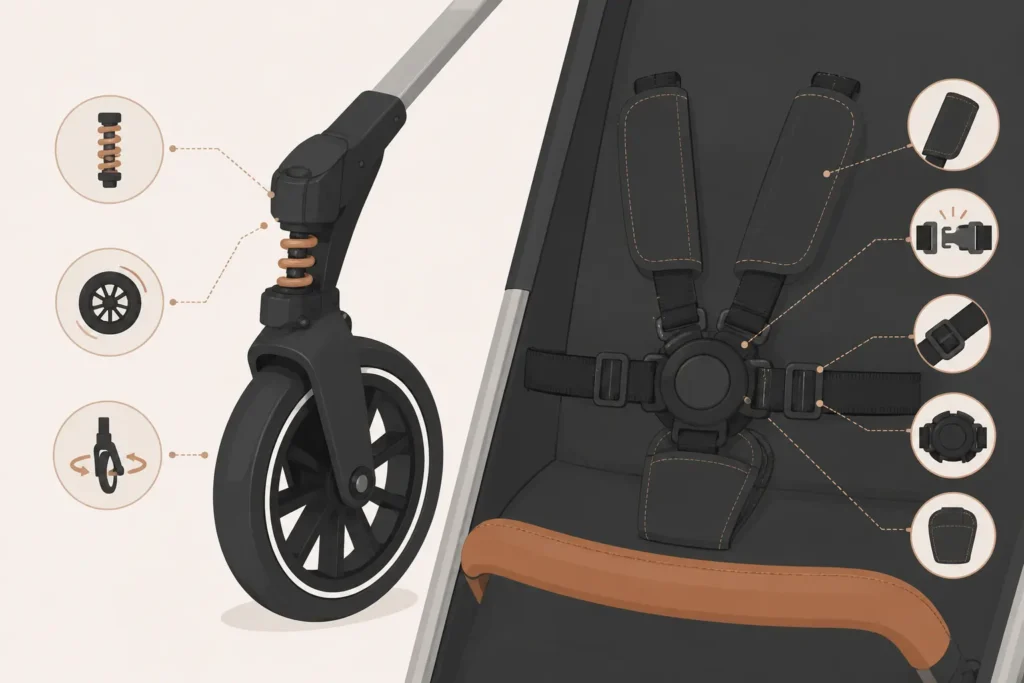 "Illustration highlighting stroller safety features including 5-point harness, linked brakes, and shock-absorbing wheels"